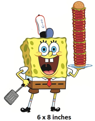 Cartoon character holding a stack of hot dogs on a plate with a spatula. SpongeBob SquarePants Wall Decal Krusty Krab Krabby Patties Removable Sticker Art Nickelodeon Peel and Stick Home Room Decor 6 x 8 inches