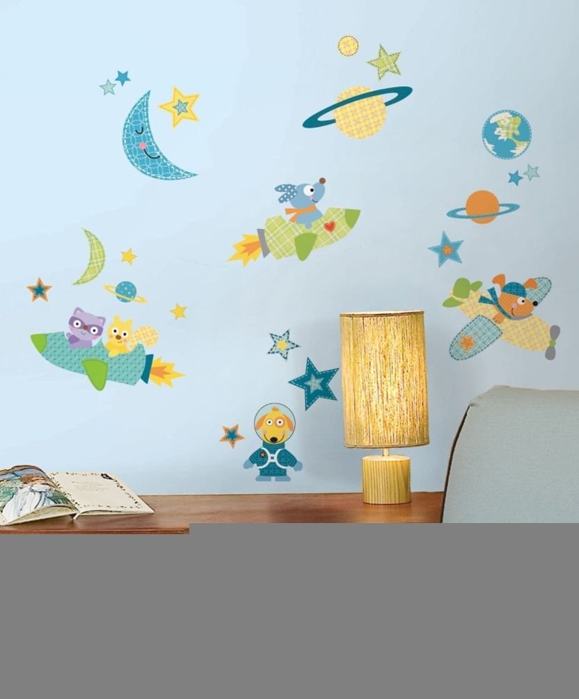 Lunarland Rocket Dog 51 Big Wall Decals Blue Space Ship Planets Room Decor Stickers New