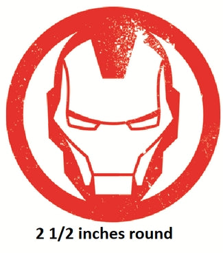Circular logo with a white figure in a red circle, labeled '2 1/2 inches round'.