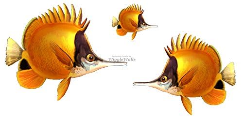 3 PCS Yellow Longnose Long Nosed Angelfish Angel Tropical Fish Sea Beach Tropical Island Ocean Removable Peel Self Stick Adhesive Vinyl Decorative Wall Decal Sticker Art Room Home Decor 7x5 inch