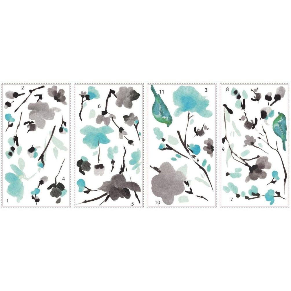 Lunarland BLOSSOM WATERCOLOR Wall Decals Bird Branch Room Decor Stickers Blue Flowers NEW
