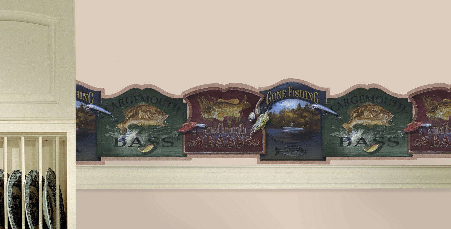 York Wallcoverings Lake Forest Lodge Bass Fishing Signs Border