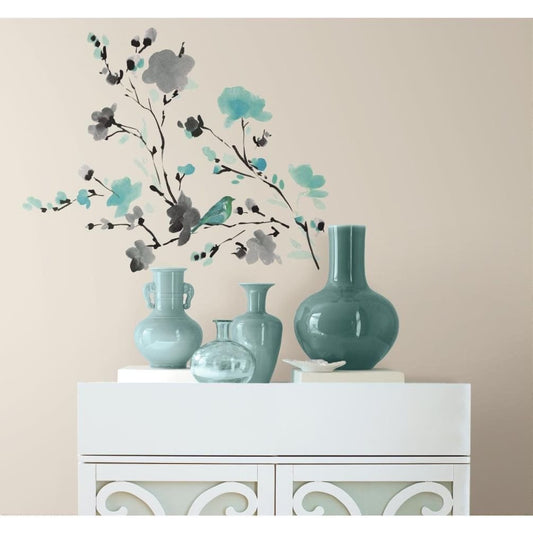Lunarland BLOSSOM WATERCOLOR Wall Decals Bird Branch Room Decor Stickers Blue Flowers NEW