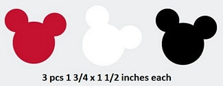 Three mouse ear shapes in red, white, and black on a gray background with text indicating dimensions.