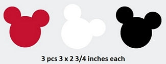 Three mouse ears in red, white, and black with dimensions displayed.