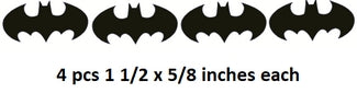 Four black bat-shaped logos on a white background with text indicating size.