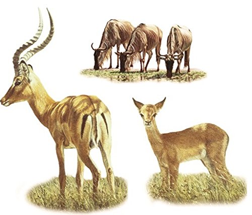 3 PC Set Impala Antelope Gazelle Wildabeast Jungle Animals African Safari Africa Removable Peel Self Stick Adhesive Vinyl Decorative Wall Decal Sticker Art Kids Room Home Decor Girl Boy 3x5 inch Tall