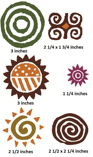 Set of six decorative shapes with measurements shown below each.