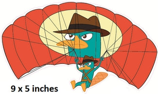 Cartoon character with a hat inside a red parachute, 9 x 5 inches