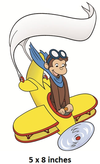 Cartoon monkey in a yellow airplane with a white banner