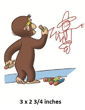 Cartoon monkey drawing a stick figure with crayons on a white background
