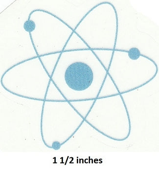 Illustration of an atom model with a scale indicator showing 1 1/2 inches.