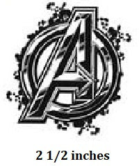 Avengers logo with size indication '2 1/2 inches' below it