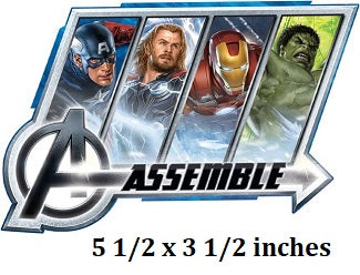Avengers assemble logo with four superhero characters and dimensions displayed.
