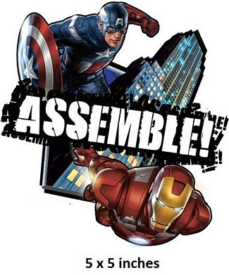 Superhero-themed product with 'ASSEMBLE!' text and Iron Man fist, featuring Captain America and Iron Man in action poses.