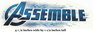 Logo with the word 'Assemble' and Avengers emblem, featuring blue and gray colors.
