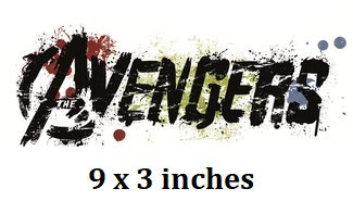 Logo of 'Avengers' with splatter effects and dimensions '9 x 3 inches'.