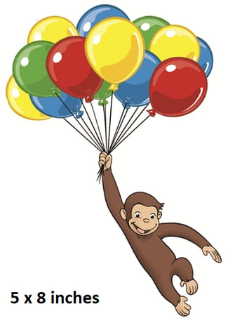 Cartoon monkey holding colorful balloons with dimensions 5 x 8 inches.