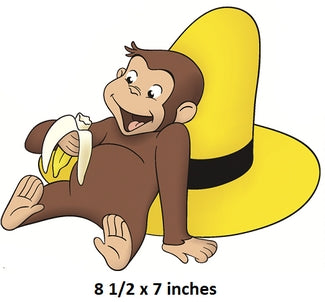 Cartoon monkey with a banana and yellow hat on a white background