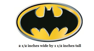 Batman logo emblem with dimensions on a white background