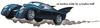 Illustration of a blue sports car with smoke effects, dimensions indicated.