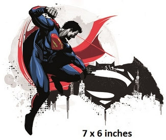 Superman graphic with a red cape and blue suit on a white background, featuring the Superman logo.