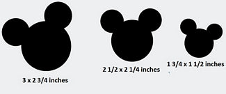 Three black silhouettes of Mickey Mouse heads with dimensions indicated below each.