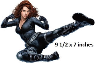 Character in black suit with text indicating size 9 1/2 x 7 inches