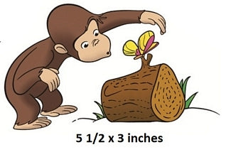 Cartoon monkey interacting with a log and butterfly, with dimensions indicated.
