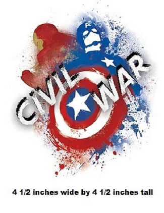 Logo with superhero characters and 'Civil War' text on a white background