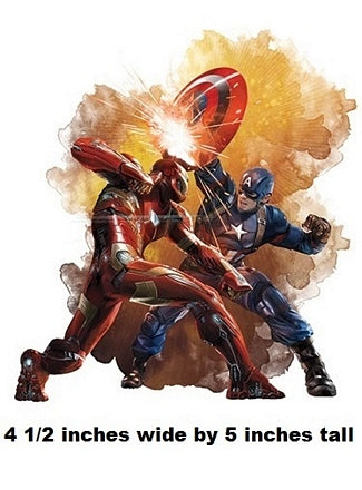 Two superhero figures in a dynamic pose with a yellow and orange background, labeled '4 1/2 inches wide by 5 inches tall'.