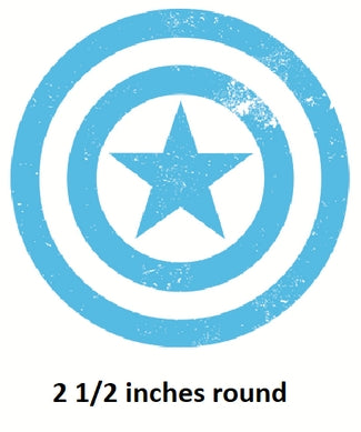 Blue circular emblem with a star in the center on a white background, labeled '2 1/2 inches round'.
