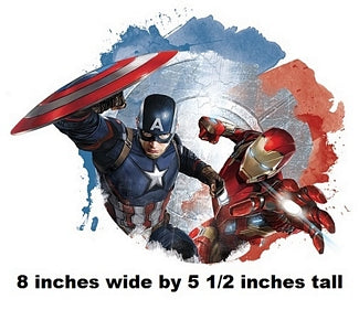 Illustration of Captain America and Iron Man with text indicating dimensions.