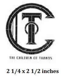 Black and white logo with text 'The Children of Tronus' and dimensions '2 1/4 x 2 1/2 inches'.