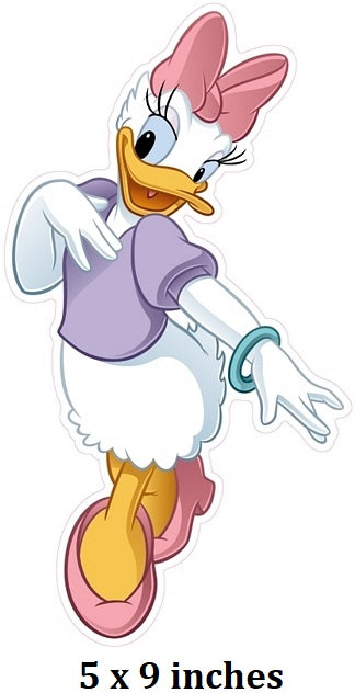 Cartoon character in a purple outfit with text indicating size