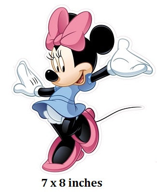 Cartoon character with a pink bow and blue dress, labeled '7 x 8 inches'.