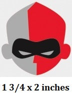 Logo with a stylized face in red, white, and black, with text indicating size.