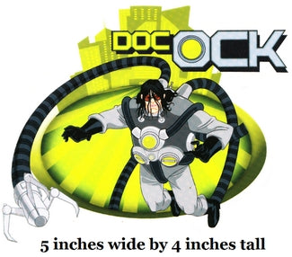 Cartoon character in a suit with 'Doc Ock' branding on a yellow background