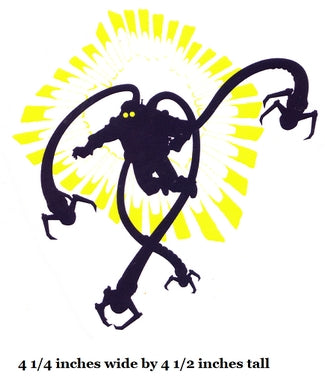 Black silhouette on a yellow sunburst background with text indicating size.