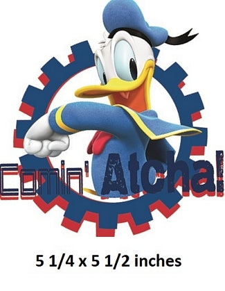 Cartoon character in a blue hat with gears and text on a white background