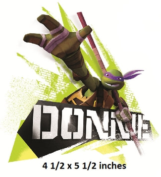 Donatello from Teenage Mutant Ninja Turtles with promotional text for a product size.