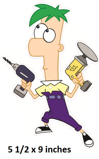 Cartoon character holding tools with text indicating size