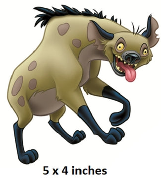 Cartoon hyena with a tongue out on a white background, labeled '5 x 4 inches'.