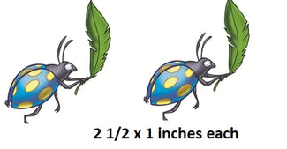 Two cartoon beetles with leaves on a white background, labeled '2 1/2 x 1 inches each'.