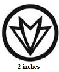 Black logo with a circular border and '2 inches' text below
