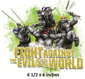 Cartoon characters with swords and text 'Fight Against the Evils of the World' on a colorful background