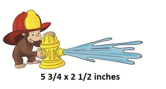Cartoon monkey with fire hydrant and water stream, size indicated.