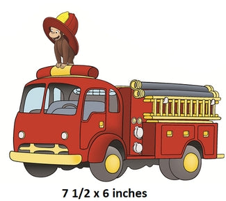 Cartoon monkey on top of a red fire truck with dimensions 7.5 x 6 inches.