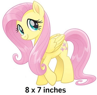 Yellow pony with pink hair and a 8x7 inches label on a white background