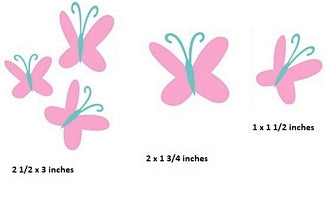 Set of pink butterflies with size specifications on a white background
